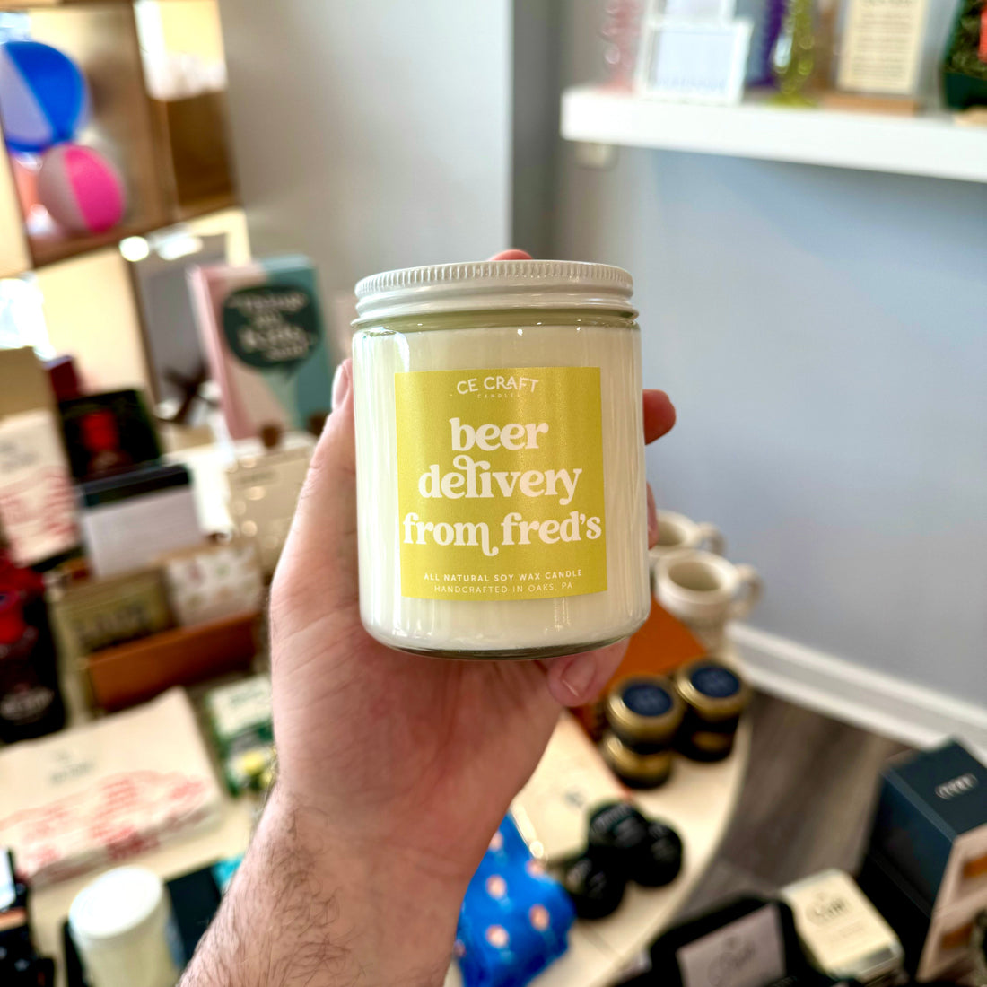 "Beer Delivery from Freds" Candle
