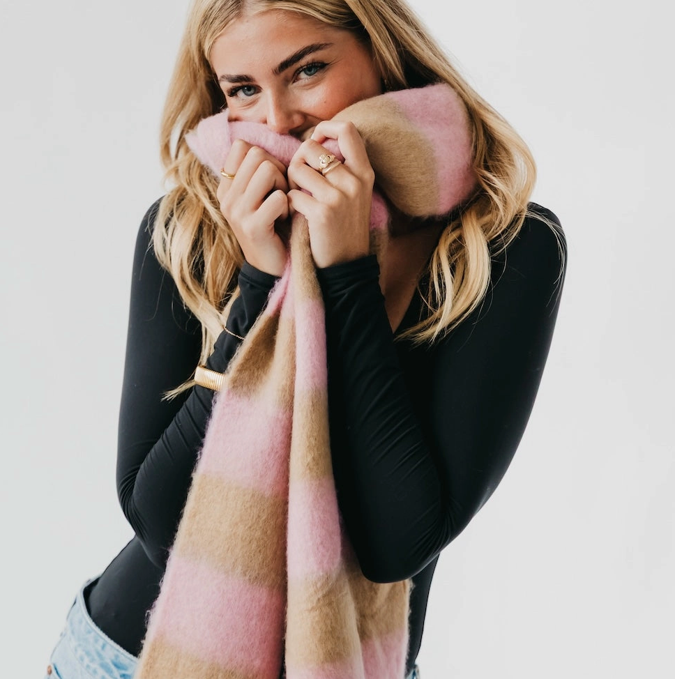 Tan & Pink Tassel Scarf