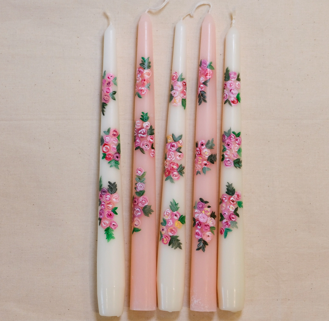 Hand Painted Rose Bunches Taper Candle (Ivory)