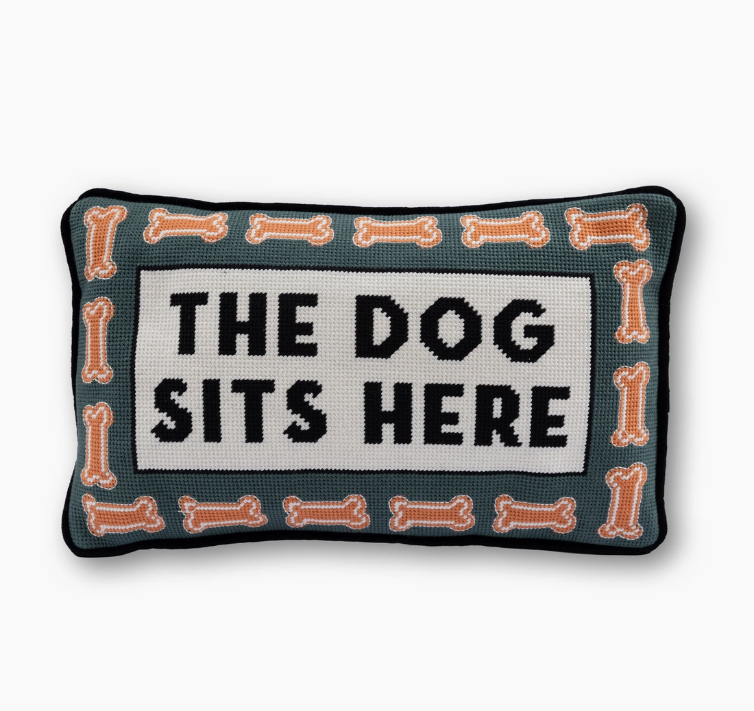 "Dog Sits Here" Needlepoint Pillow