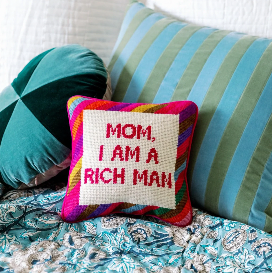 Cher "Mom I am a Rich Man" Needlepoint Pillow