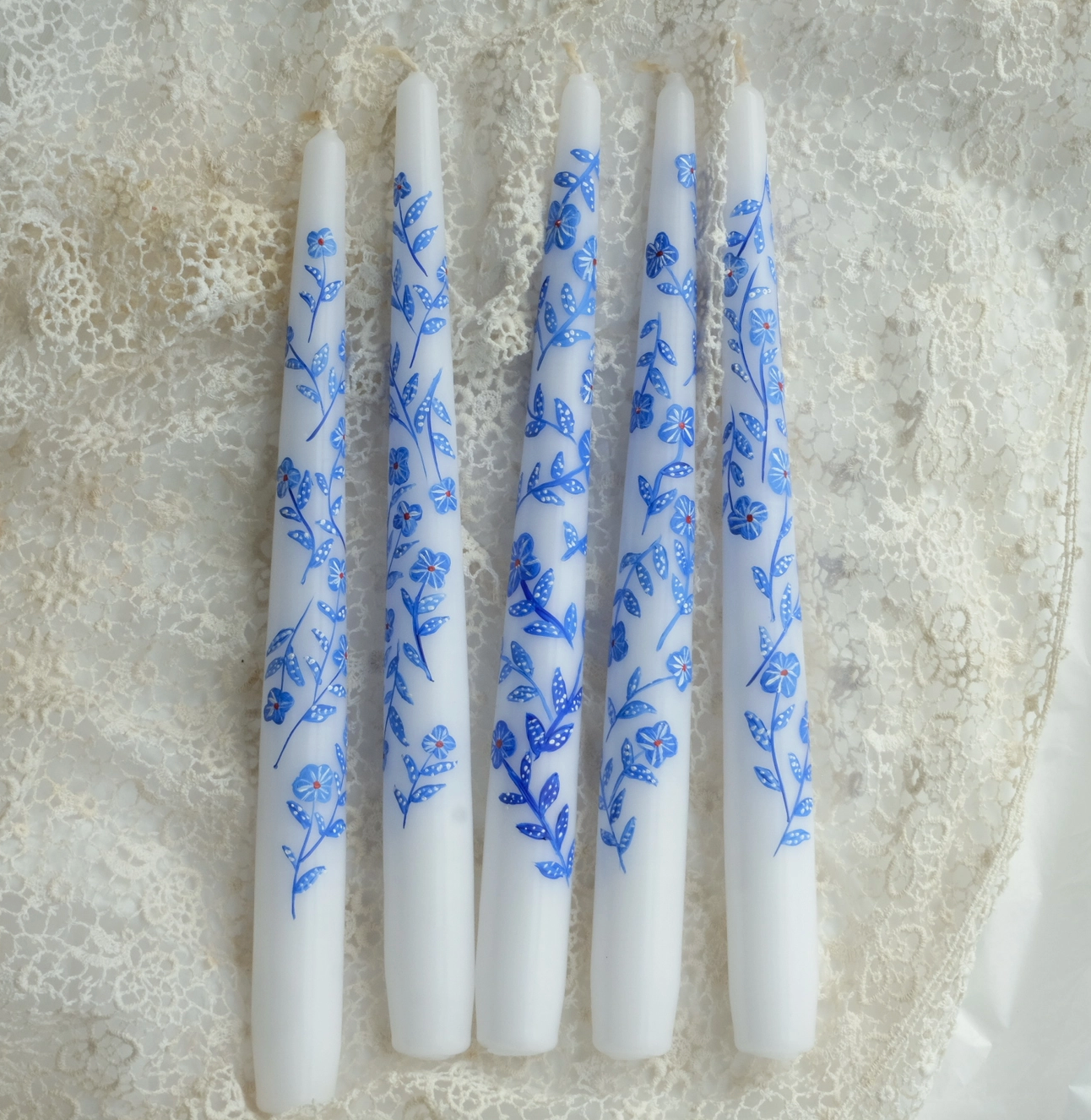 Spring Blue Hand Painted Taper Candle