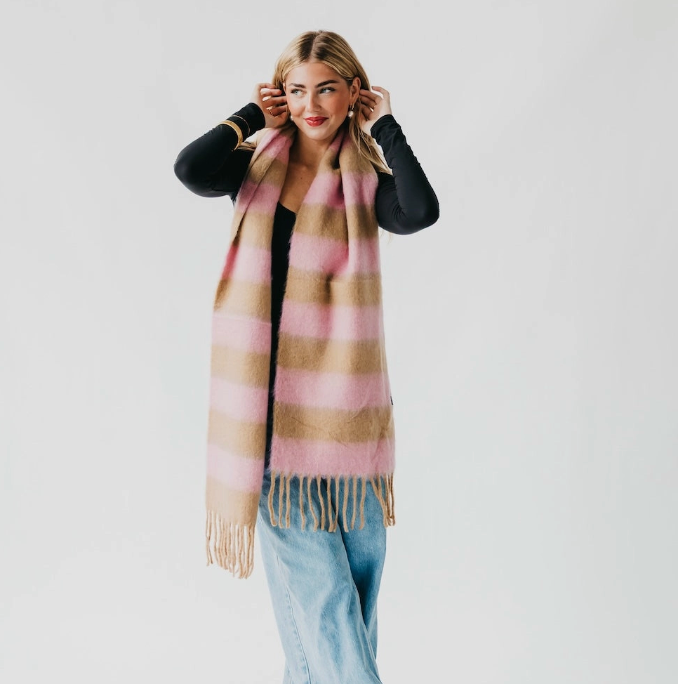 Tan &amp; Pink Tassel Scarf