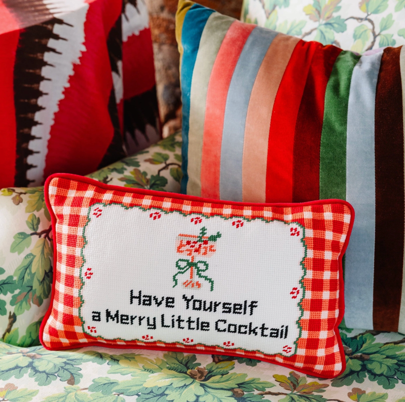 Merry Little Cocktail Needlepoint Pillow
